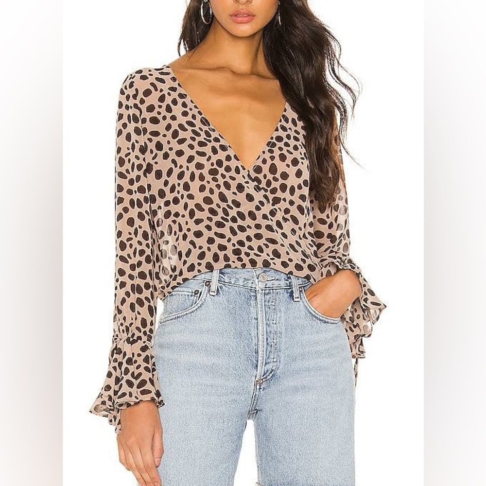 Superdown Madeline Surplice Long Sleeve Animal Print Dot Top